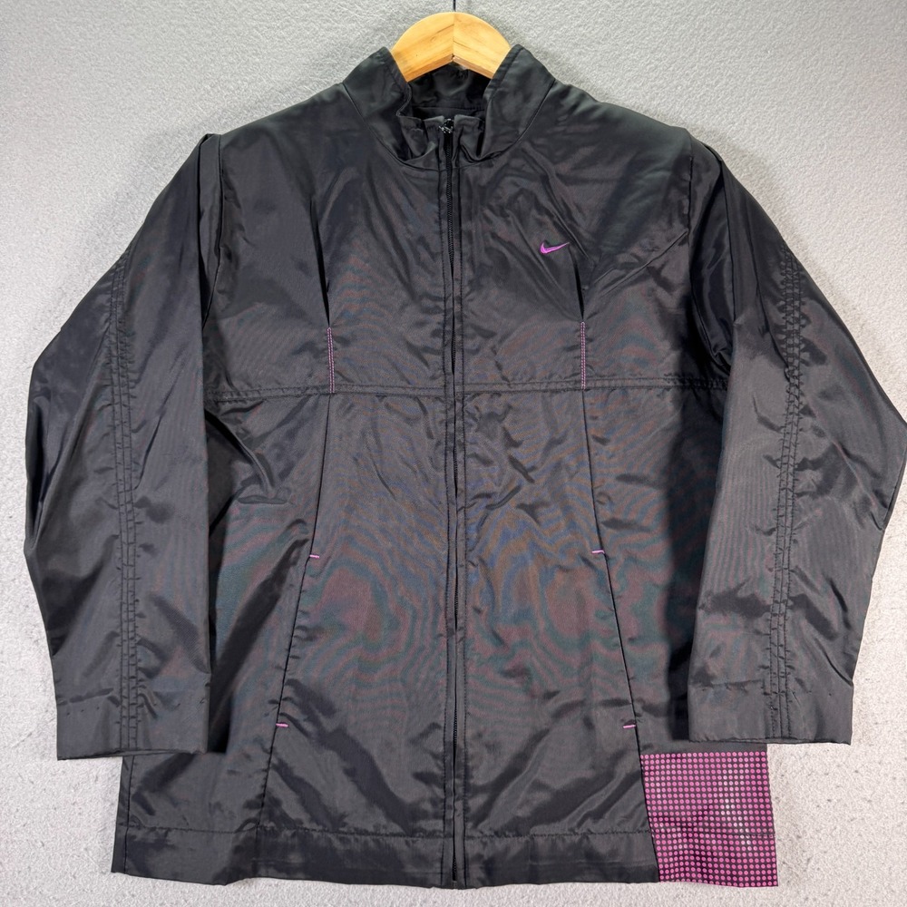 Vintage Nike Windbreaker Jacket Women‎ XL 16 Black Pink Padded Swoosh Sportswear